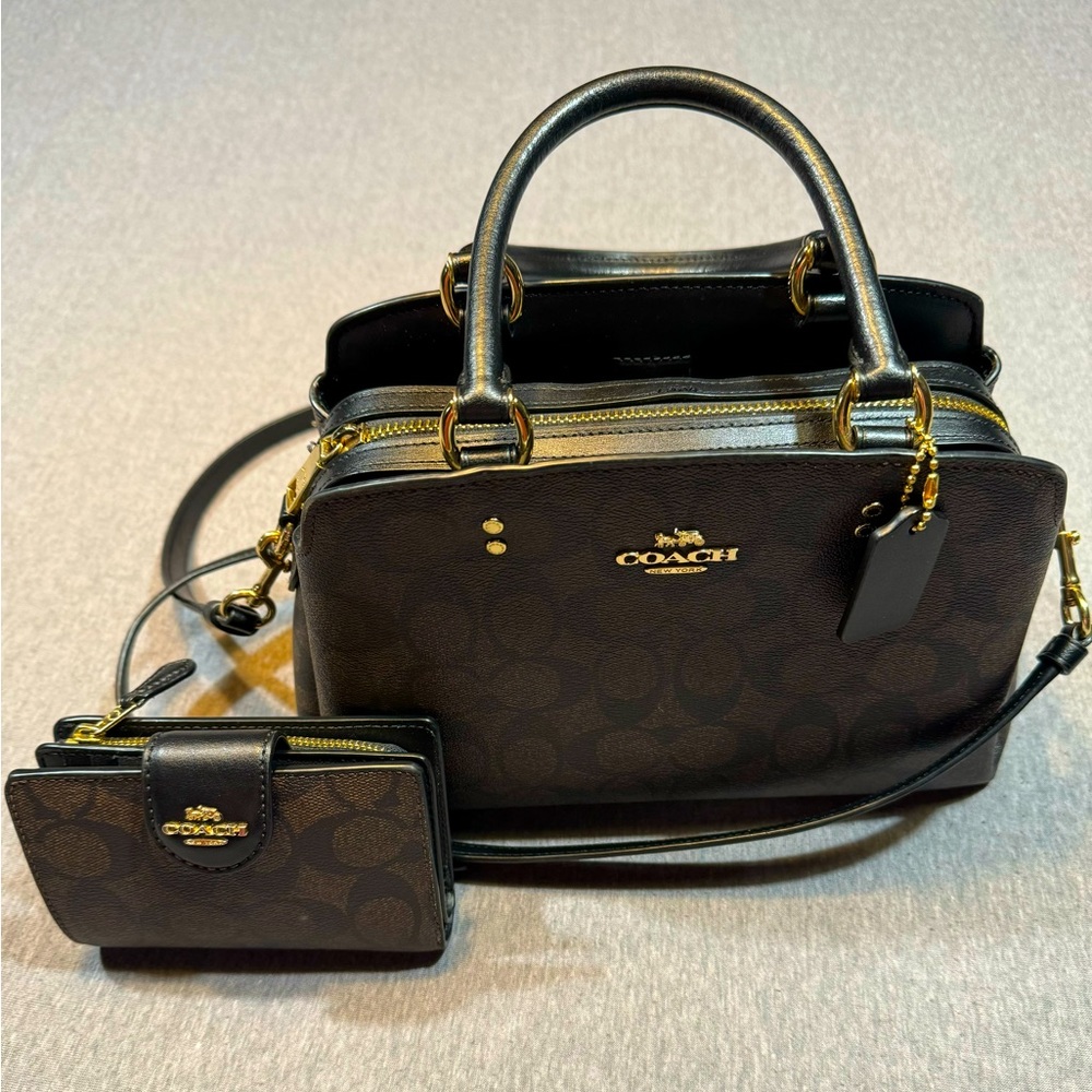 Coach Lillie Mini Carryall, Black/Brown w/Matching Wallet Like New